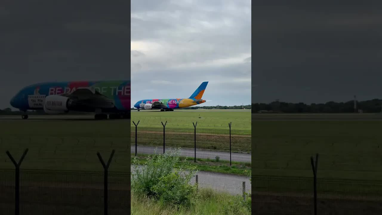 Emirates destination Dubai livery , Manchester airport take off . #aviation #airbusa380