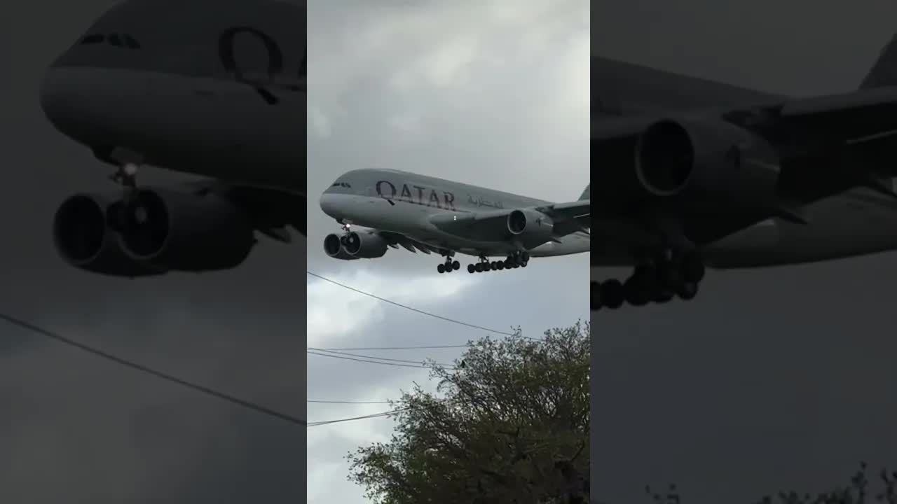 Qatar, A380 flying super low over houses #heathrow #avaition #airbus